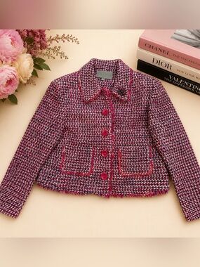 Earl Rutenberg 100% Silk Tweed Jacket Pink Fringe Jeweled Brooch M